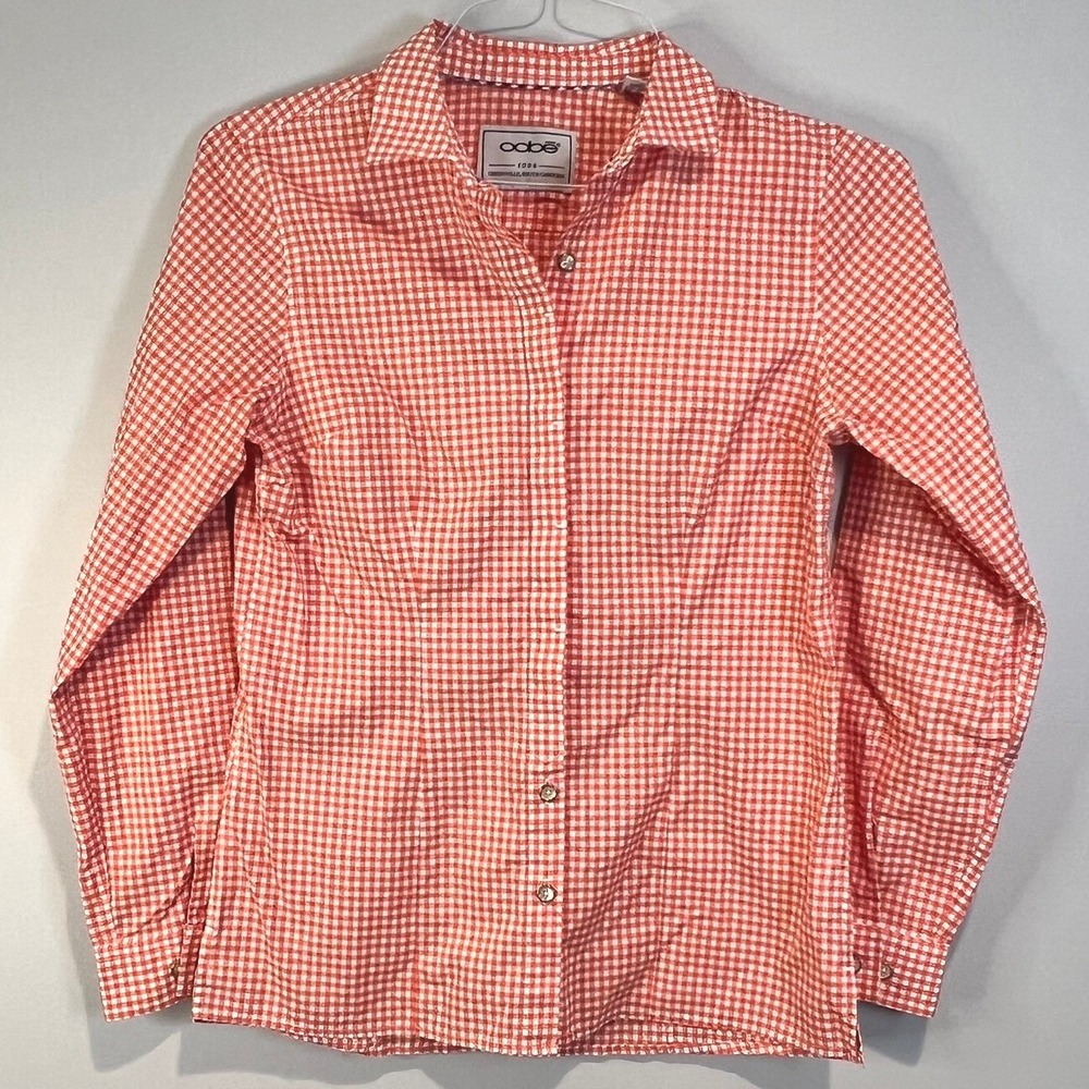 EUC oobe Women's S Long Sleeve Gingham Plaid Button Up Shirt - Orange & White